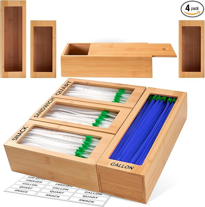 Storage Bag Organizer, Bamboo Baggie Organizer for Drawer, 4 Modular Blocks for Kitchen Organizat... | Amazon (US)