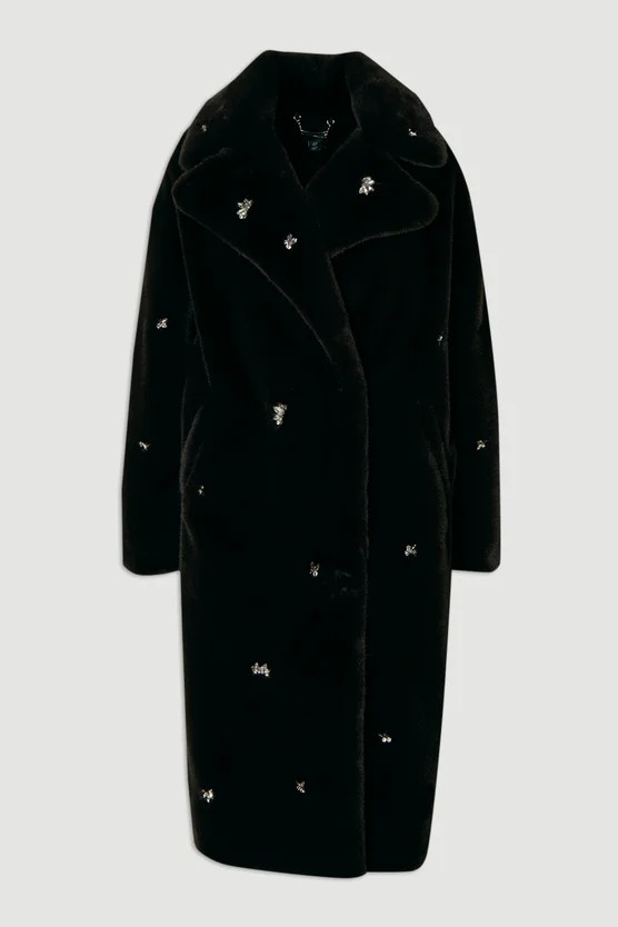 Crystal Embellished Faux Fur Long Coat | Karen Millen UK + IE + DE + NL