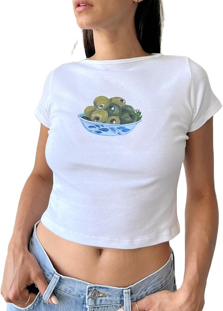 Y2k Baby Tees for Women Cute Olive Bowl Graphic Print Crop Tops Crew Neck Fruit Aesthetic Shirts ... | Amazon (US)