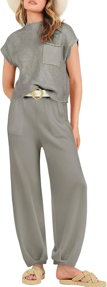 ANRABESS Women's Two Piece Outfits Sweater Sets Knit Pullover Tops and High Waisted Pants Tracksu... | Amazon (US)