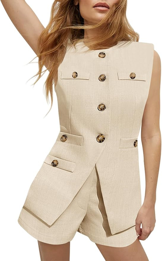Tankaneo Womens 2 Piece Outfits Casual Suit Sets Sleeveless Button Down Blazer Vest Shorts Office... | Amazon (US)