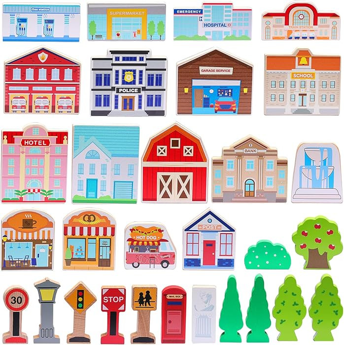 SainSmart Jr. 30 Pcs Wooden Town Play Set, Wooden Train Accessories, Community Helpers Toys for P... | Amazon (US)