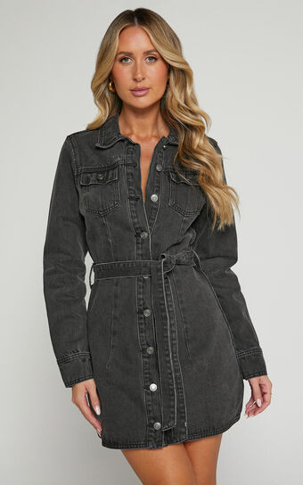 Enriquetta Mini Dress -  Cotton Denim Long Sleeve Button Up Dress in Washed Black | Showpo (US, UK & Europe)