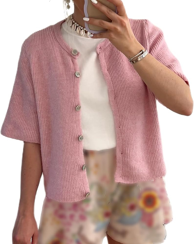 Women's Lightweight Button Up Knit Cardigan Short Sleeve Round Neck Solid Color Y2k Sweater Knitw... | Amazon (US)