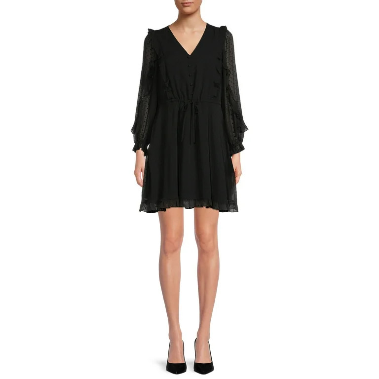 Time and Tru Women's Long Sleeve V-Neck Ruffle Dress | Walmart (US)