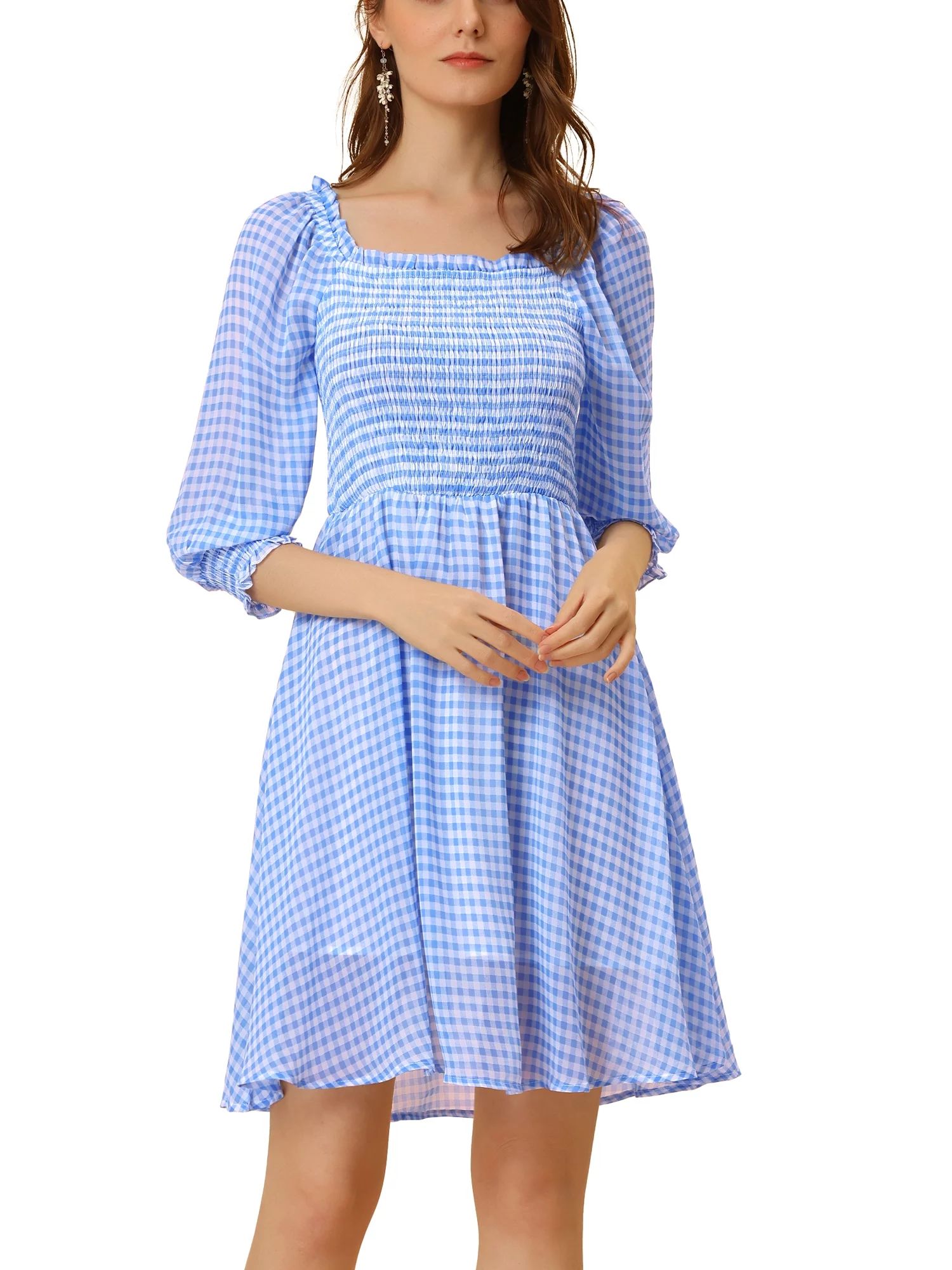 Allegra K Women's Summer Plaid Ruffle Square Neck  3/4 Sleeve A-Line  Dress | Walmart (US)