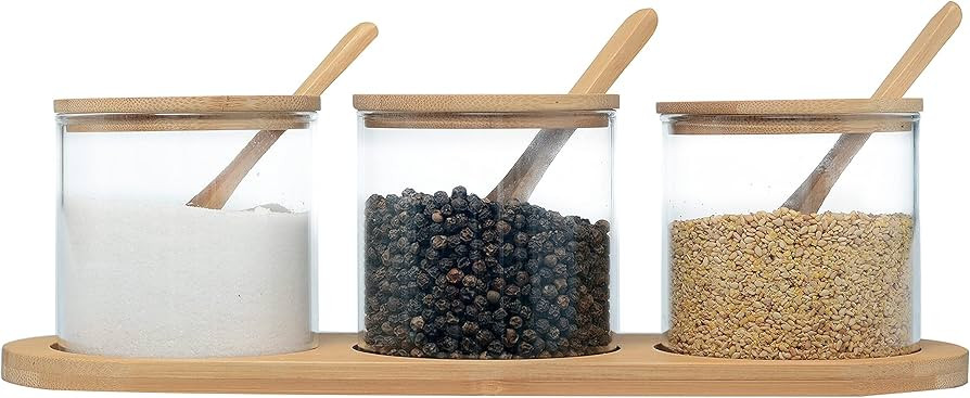 ZBBSHM Condiment Container Condiment Box with Oval Bamboo Tray Spoon And Lid A Set of 3 Spice Con... | Amazon (US)