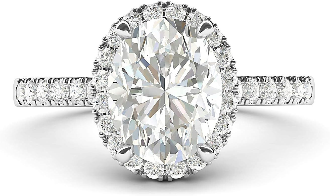 Sterling Silver Simulated Oval Cut Diamond Halo Engagement Ring with Side Stones Promise Bridal R... | Amazon (US)