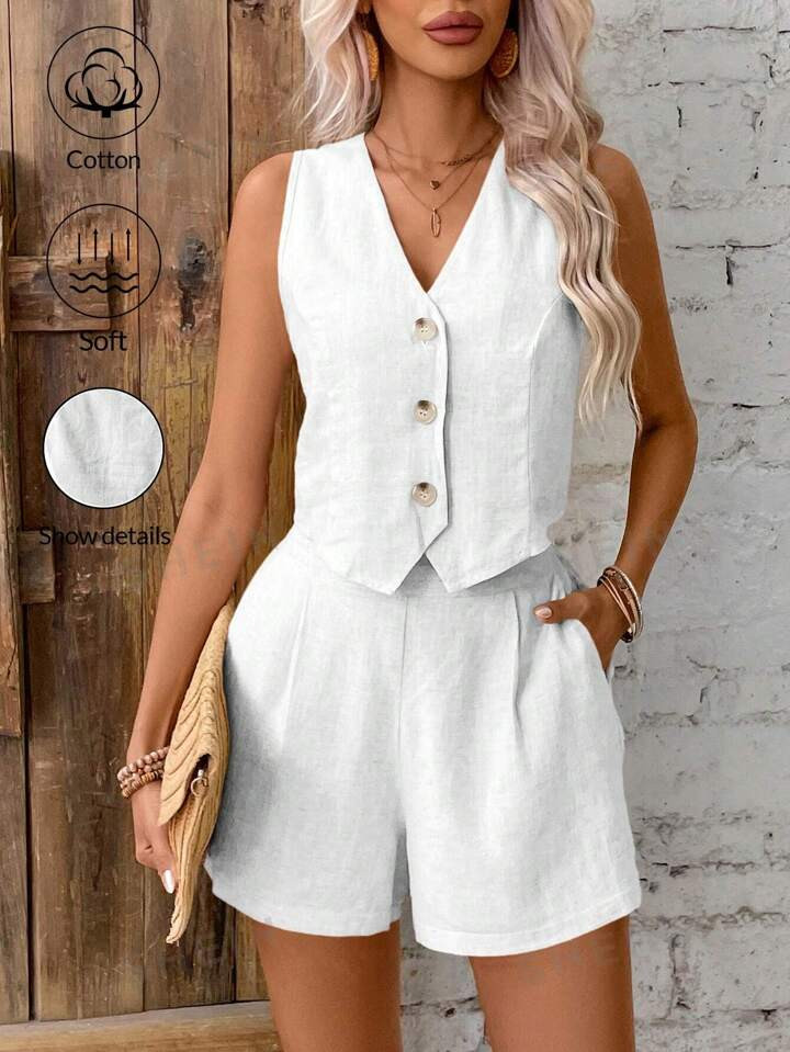 SHEIN Frenchy Women's Single Breasted Vest And Loose Shorts Summer Outfit Old Money Style Linen  ... | SHEIN