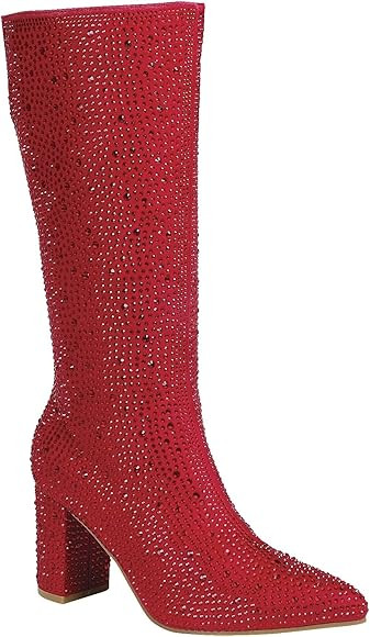 ABSOLEX Women Pointed Toe Rhinestone Block Medium Heel Knee High Boots | Amazon (US)