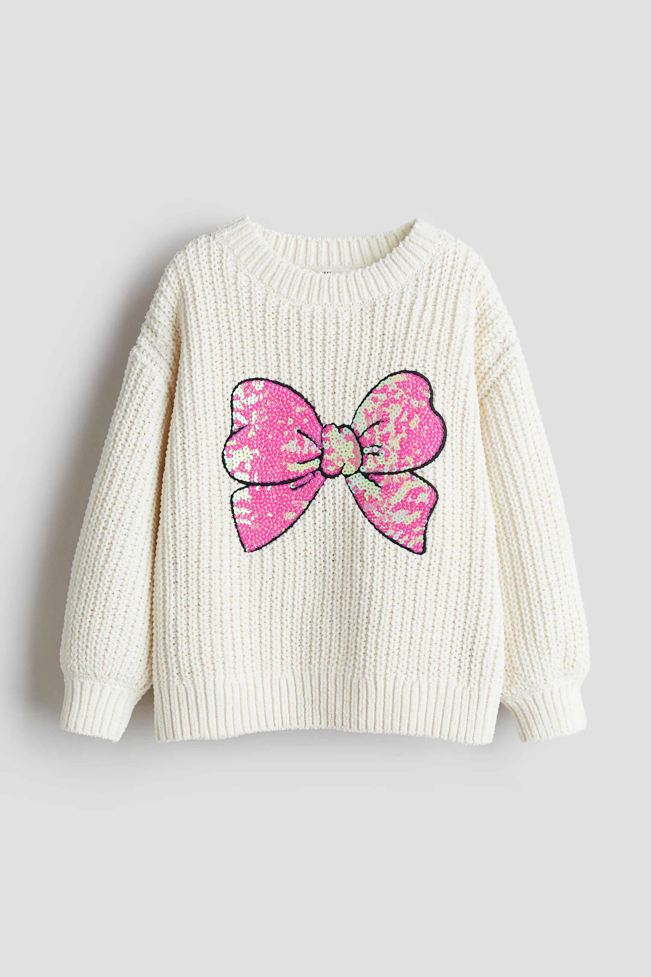 Knit Chenille Sweater - Round Neck - Long sleeve - White/bow - Kids | H&M US | H&M (US + CA)