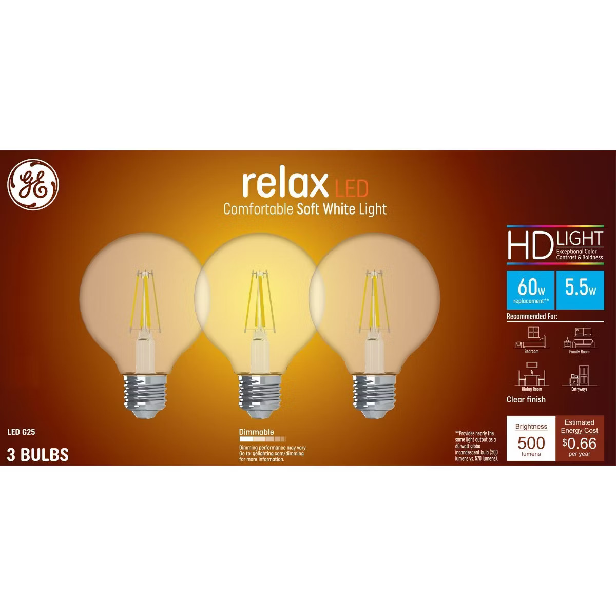 GE 3pk 60W Relax G25 LED Clear Globe Light Bulbs Soft White: Dimmable, Energy Star, Bathroom & Va... | Target
