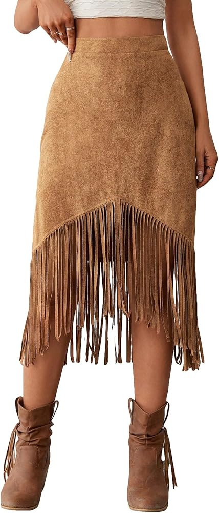 WDIRARA Women's Suede Boho Fringe Trim Midi Skirt High Waisted Asymmetrical Hem Long Skirts | Amazon (US)