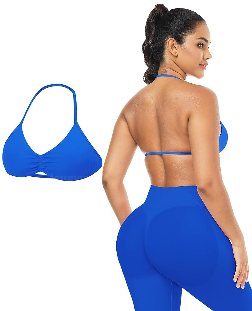 Impact Strappy Sports Bras for Women Seamless Padded Twill Knit Deep V Halter Workout Gym Tops Yo... | Amazon (US)