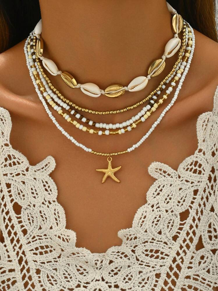 5pcs/Set Bohemian Style Random Color Beaded Starfish Pendant Necklace Set, Suitable For Beach, Va... | SHEIN