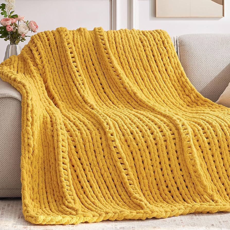 Chunky Knit Throw Blanket, 50''*60'' Knitted Throw Blankets for Bed Couch, Handmade Thick Yellow ... | Amazon (US)