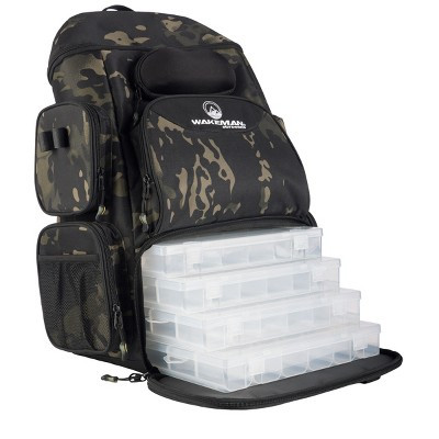 Fishing Backpack with Tackle Boxes, Rod Holders, 7 Zippered Storage Pockets and Water-Resistant Cover by Wakeman Outdoors (Camo Black) | Target
