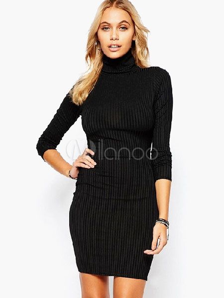 Black Turtleneck Knitted Dress for Woman | Milanoo