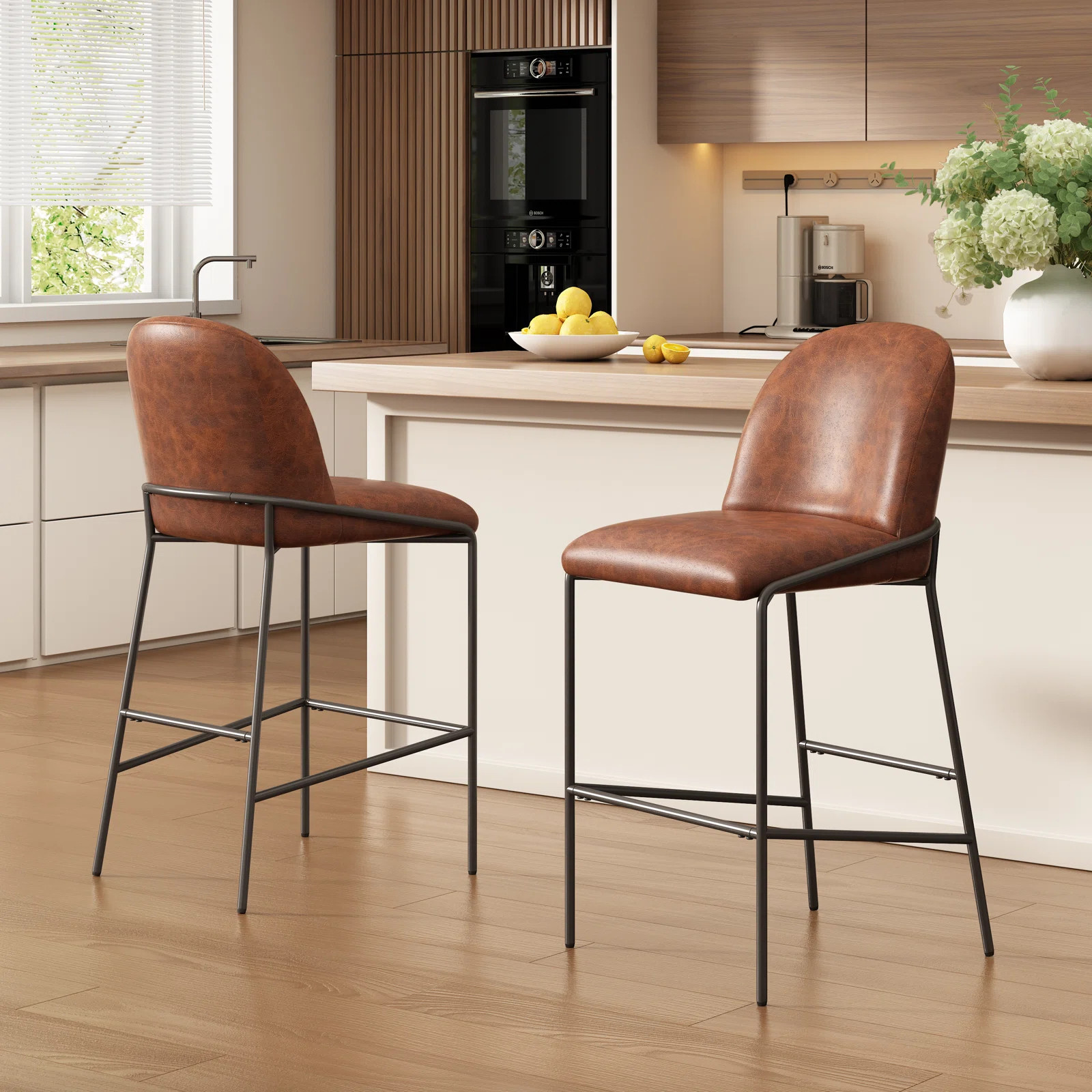17 Stories Richardson 29'' Antique Bronze Metal Bar Stools With Curved Back And Upholstered Seat ... | Wayfair North America