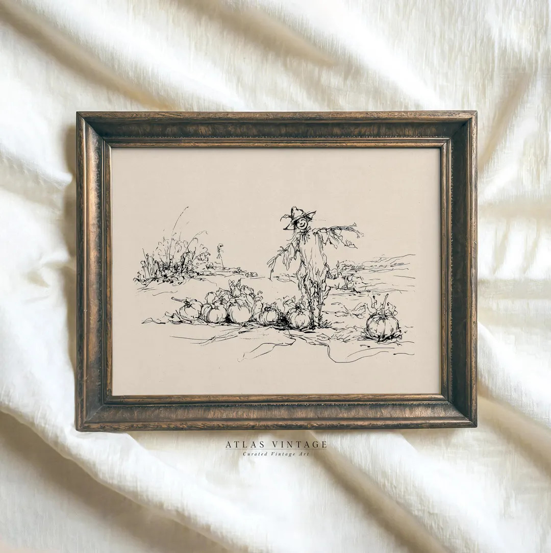 Vintage Halloween Scarecrow Ink Drawing Print, Gothic Autumn Pumpkin Field Sketch Printable Art, ... | Etsy (US)