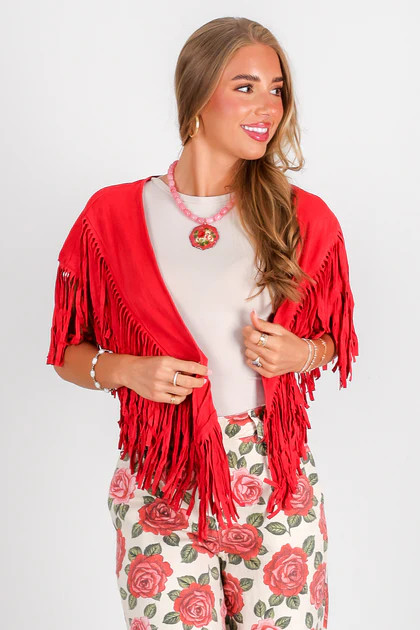 Mina Coral Red Fringe Shoulder Wrap | The Willow Tree