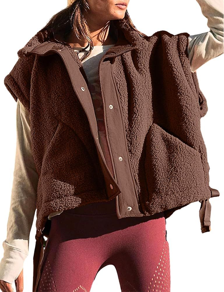 Women's Oversized Fleece Vest Sleeveless Casual Button Down Piecing Fuzzy Sherpa Gilet Jacket wit... | Amazon (US)