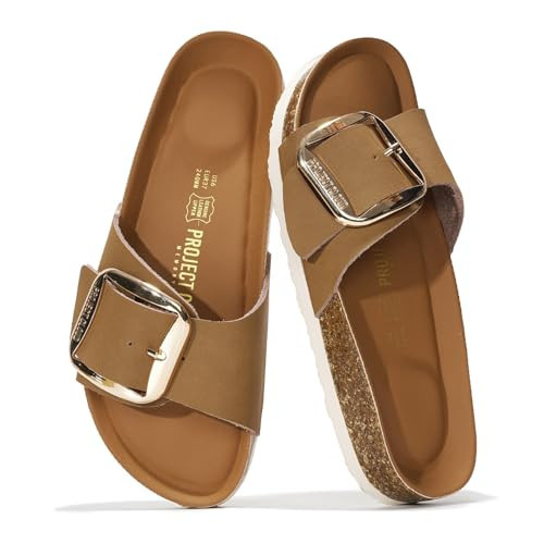 Project Cloud 100% Genuine Leather Sandals Women Dressy Beach Essentials Slides for Women Footwear-Lightweight with Memory Foam Insole Sandals for Women 2026-Womens Slides (Mykonos, Cognac, 5.5) | Amazon (US)