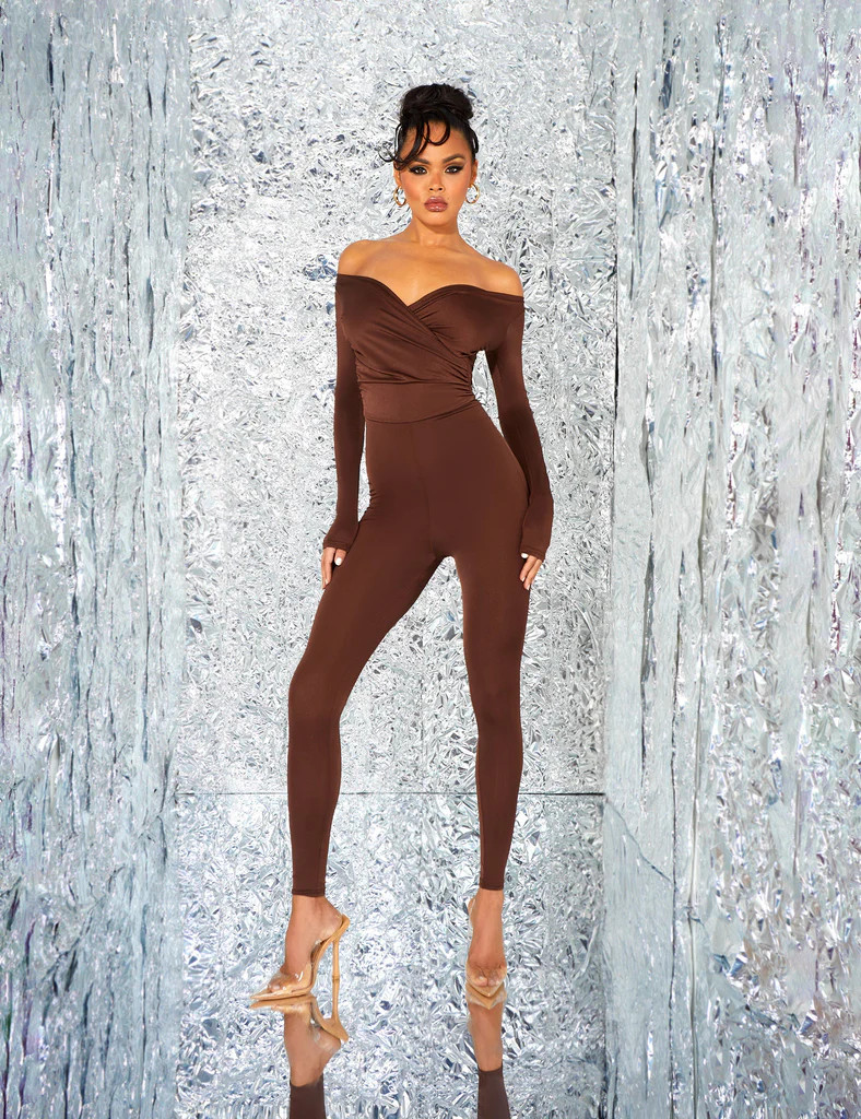 Second Skin Off Shoulder Ruched Unitard Jumpsuit Brown | Public Desire (US & CA)