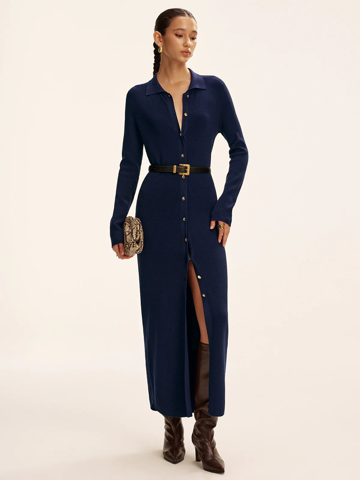 Long Sleeve Button Knit Maxi Dress without Belt | Commense