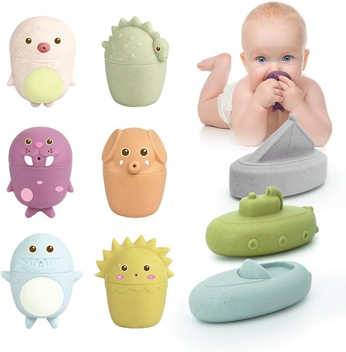 Mold Free Silicone Bath Toys, 9 PCS Baby Bath Toy for Infants 6-12 Months, Soft Chewable Teething... | Amazon (US)