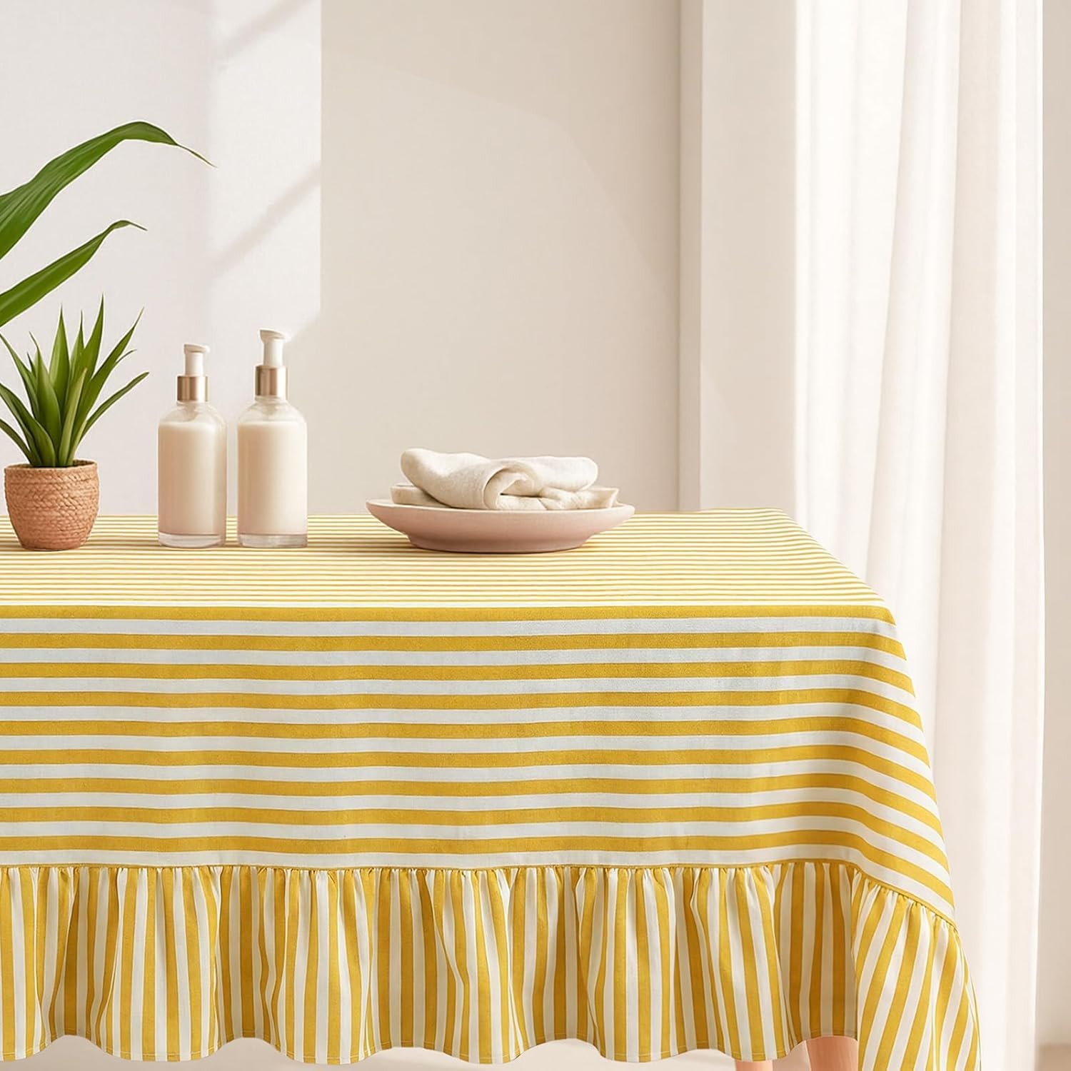 Yellow Striped Ruffled Tablecloth 70 x 52 Inches Cotton Linen Rectangle Striped Table Cloth Class... | Amazon (US)