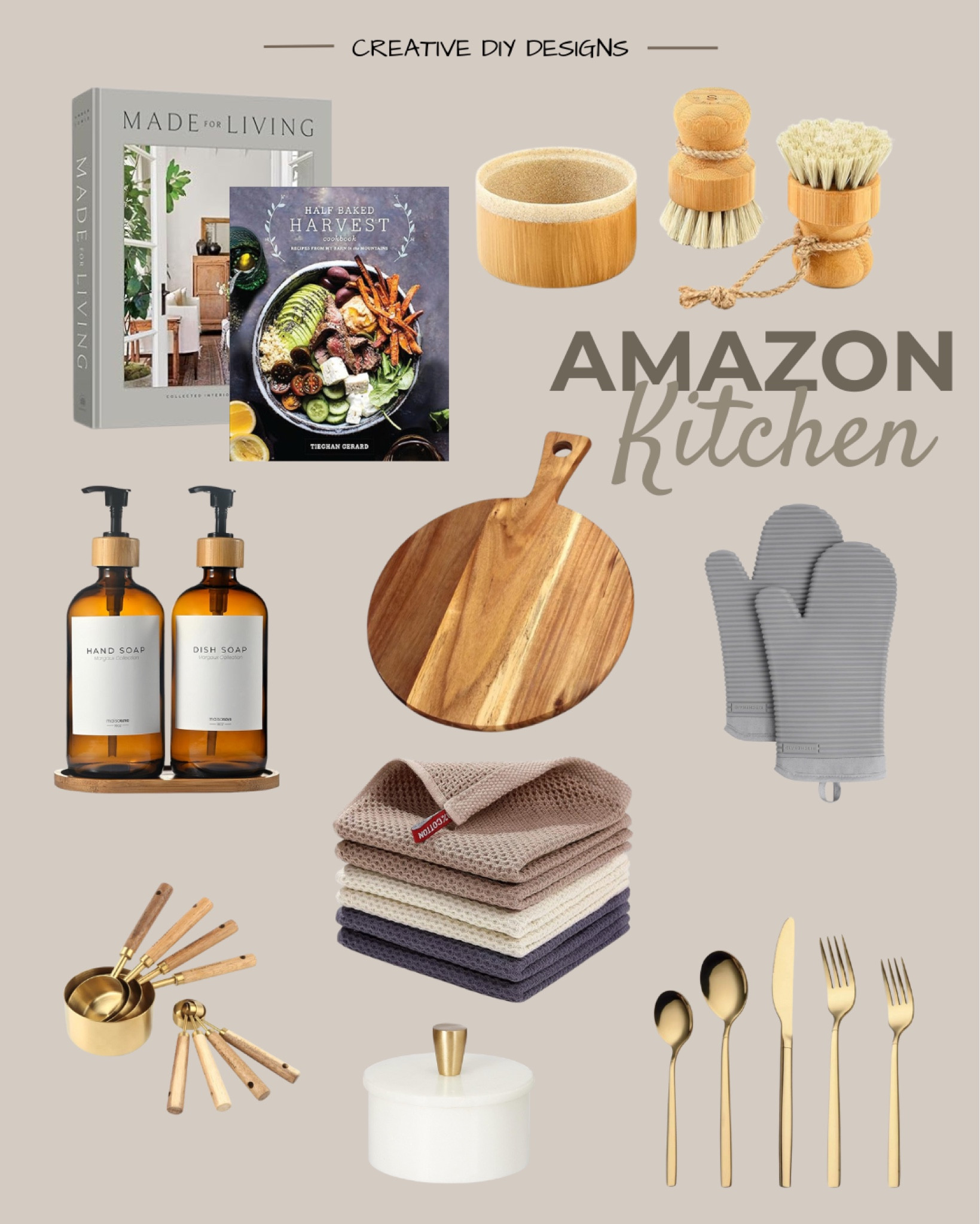 Amazon kitchen. Kitchen decor. Kitchen utensils. Brass utensils. Brass measuring cups. Salt cellar. Kitchen soap dispenser. Measuring spoons. Gold spoons. Dish brush. Waffle kitchen dish cloth. Cookbook. Kitchen items. Soap dispenser. Cutting board. Wooden cutting board.

#LTKhome #LTKstyletip