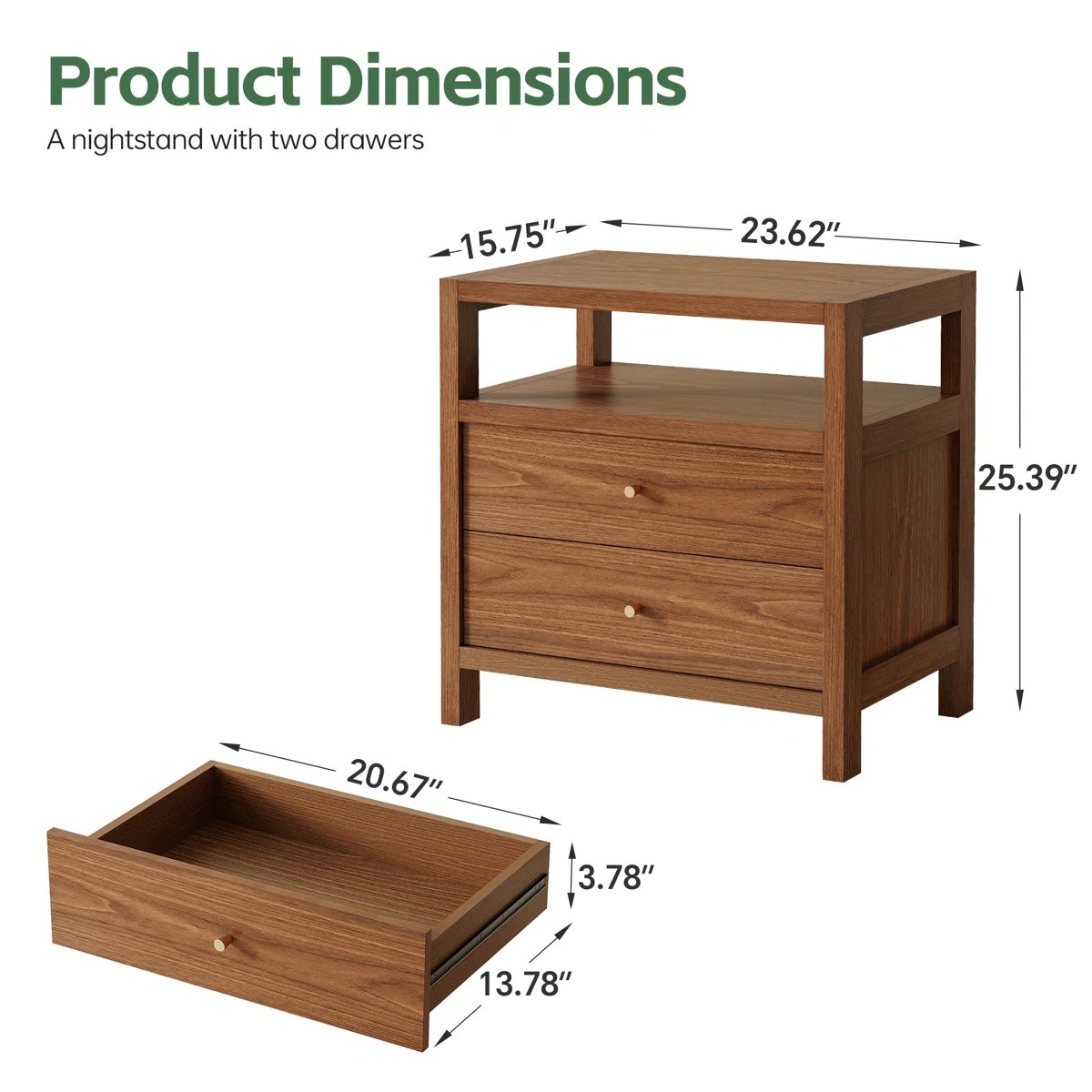 Modern 2-Drawer Wood Nightstand with Open Shelf, Walnut Finish Bedside Table for Bedroom | Wayfair North America