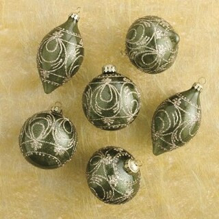 Emerald Seamless Ornaments Set of Six with Handpainted Gold Glitter Design & Ribbon | Frontgate