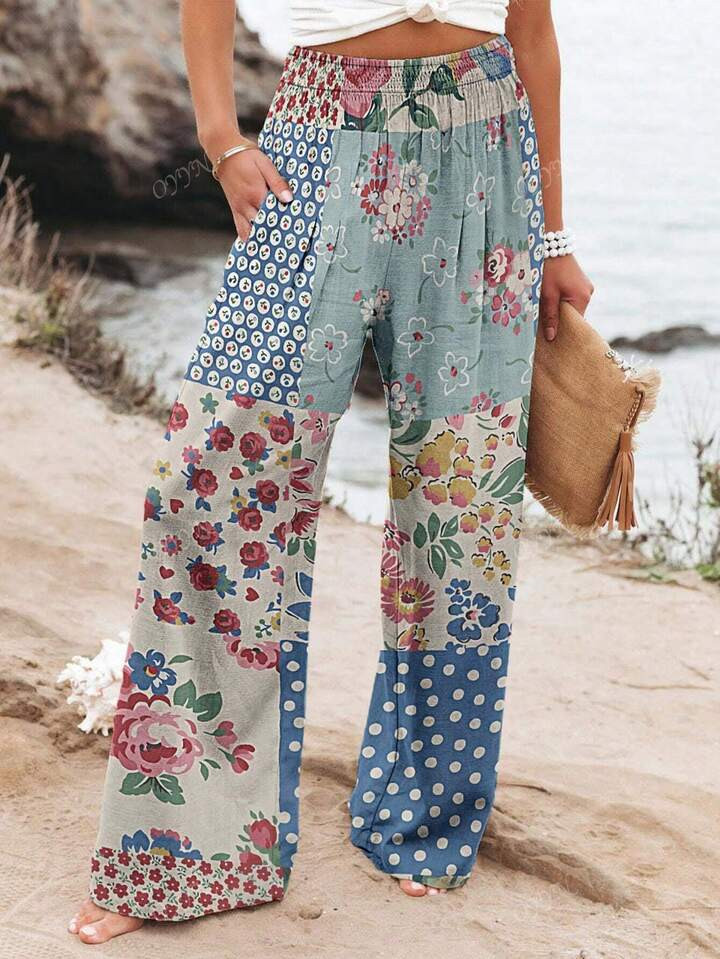 Women's Flowy Palazzo Pants Summer Collection - Fashion Print Boho Trousers With Elastic Waist & Drawstring, Tropical Jungle Print Wide Leg Beach Pants For Vacations, Lightweight Breathable Casual Outfits #BohoChic #ResortWear | SHEIN