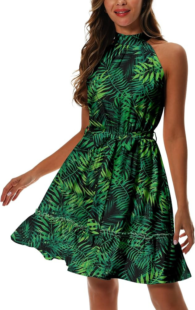 PCEAIIH Women Summer Halter Neck Dresses Sleeveless Casual Floral Polka Dot Short Boho Ruffle Sun... | Amazon (UK)