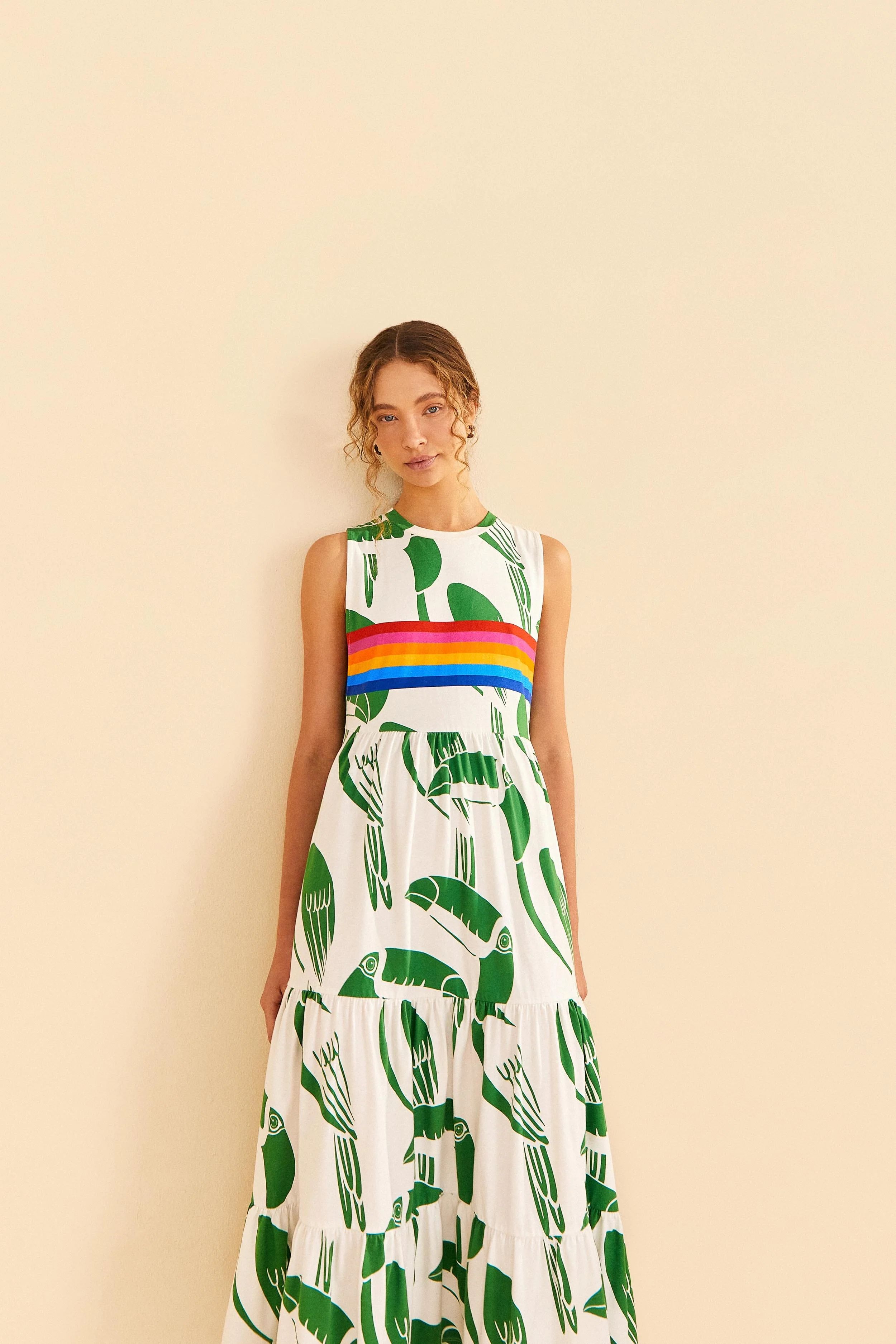 Off-White Rainbow Toucans Organic Cotton Maxi Dress | FarmRio