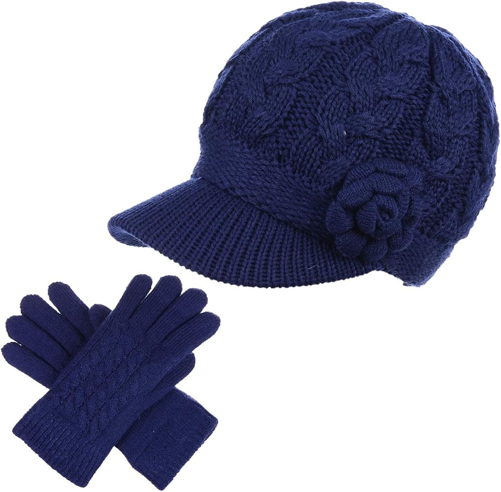 Womens Winter Elegant Cable Flower Knitted Newsboy Cabbie Cap Beret Beanie Hat with Visor, Warm P... | Amazon (US)