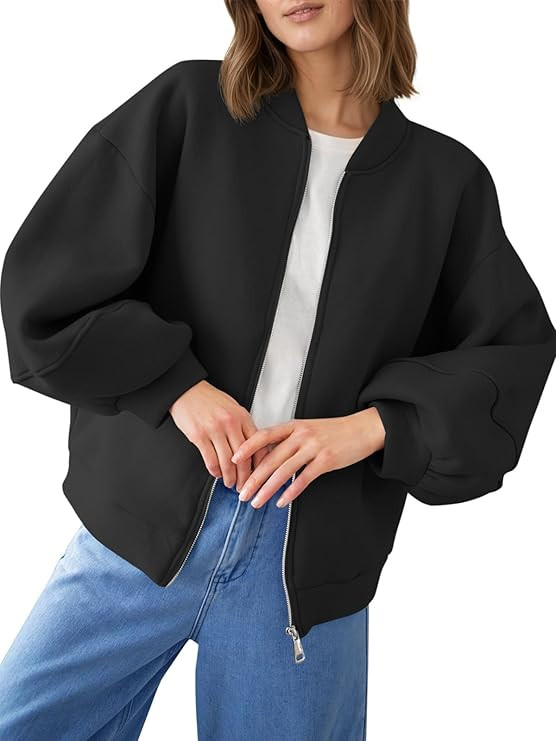 Fisoew Womens Zip Up Sweatshirt Casual Bomber Jacket Lantern Sleeve Oversized Jacket Fall Outfits... | Amazon (US)