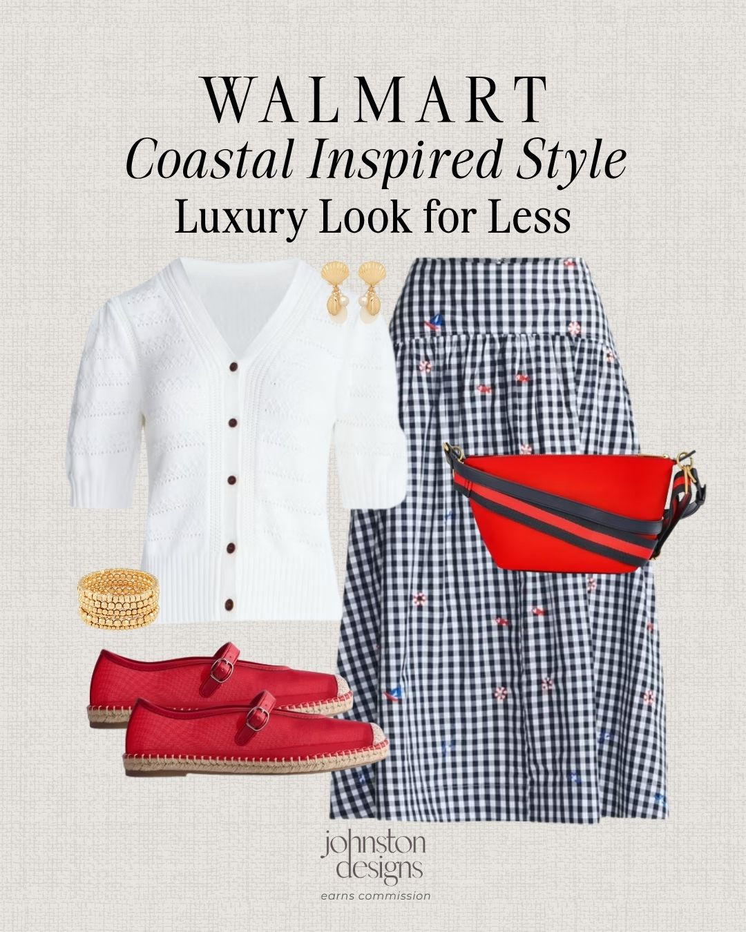 Walmart coastal inspired style with a gingham skirt, white cardigan and bold red accessories for a luxury look for less. ❤️

Walmart coastal style, luxury look for less, gingham skirt outfit, white cardigan, red espadrille flats, red crossbody bag, shell earrings, gold bracelet stack, coastal outfit inspo, summer outfit idea, affordable Walmart fashion, classic summer style, red white blue outfit, warm weather look, budget friendly finds 

 #LTKootd #LTKSeasonal