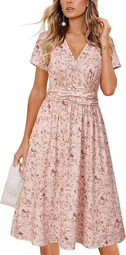 OUGES Casual Summer Dress for Women Wrap V Neck A Line Midi Dresses with Pockets | Amazon (US)