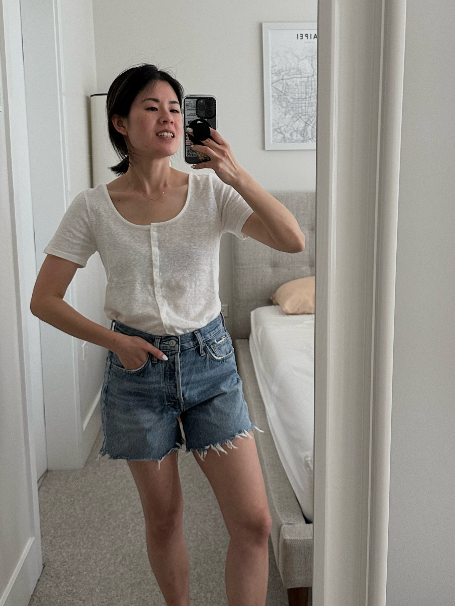 Sezane Milo tee. In a xs. 
Shorts: Agolde  