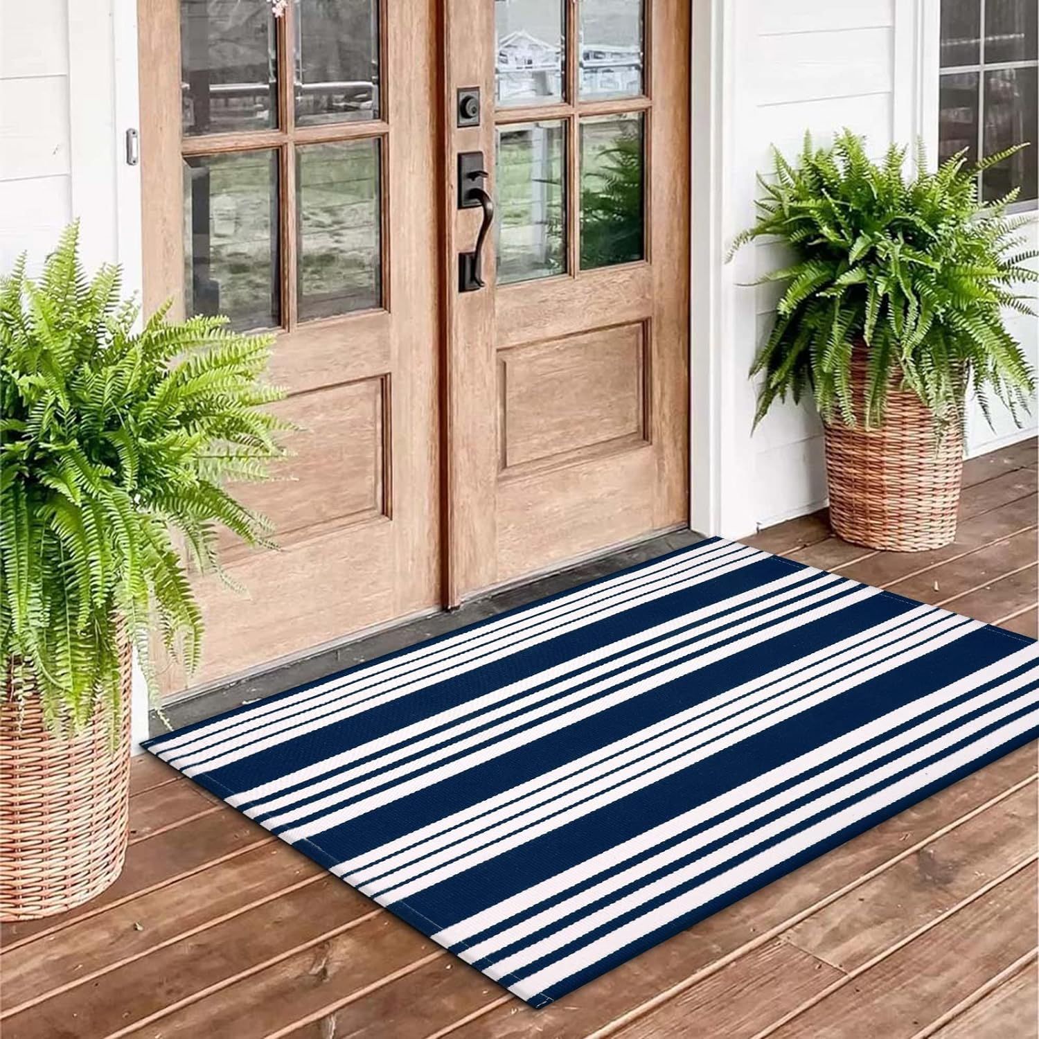 OJIA Door Mats Outdoor 27.5x43 Inches, Blue and White Outdoor Rugs Cotton Hand-Woven Front Door R... | Amazon (US)