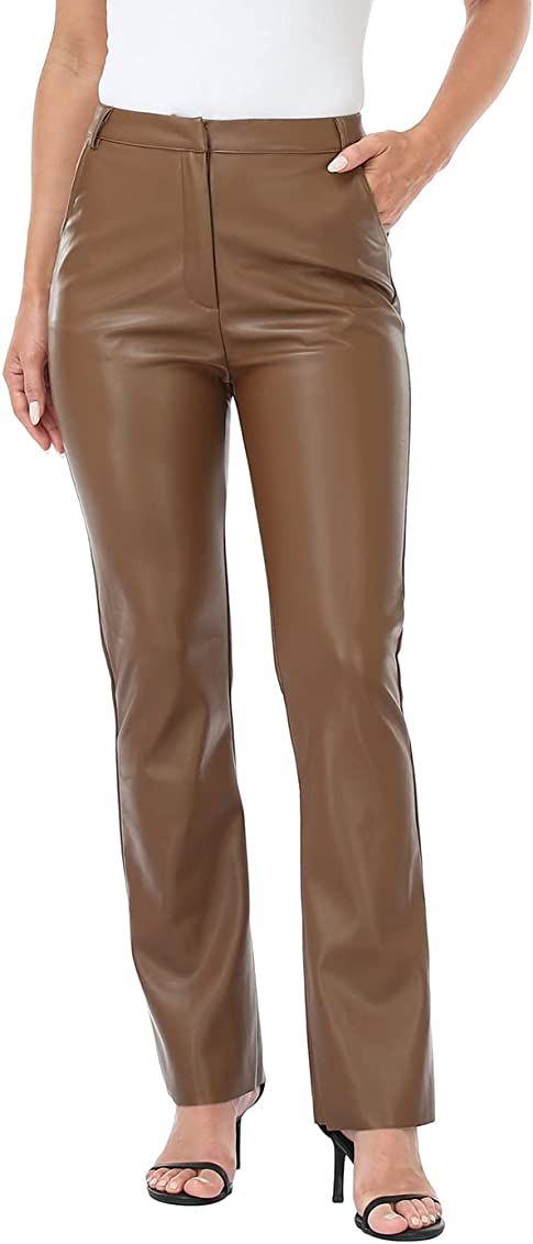 HDE Women's Faux Leather Pants High Waisted Straight Leg Trousers with Pockets | Amazon (US)