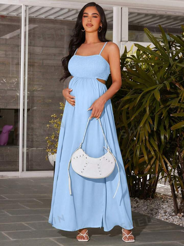 SHEIN Maternity Solid Color Hollow Out Sling Dress, Suitable For Summer | SHEIN