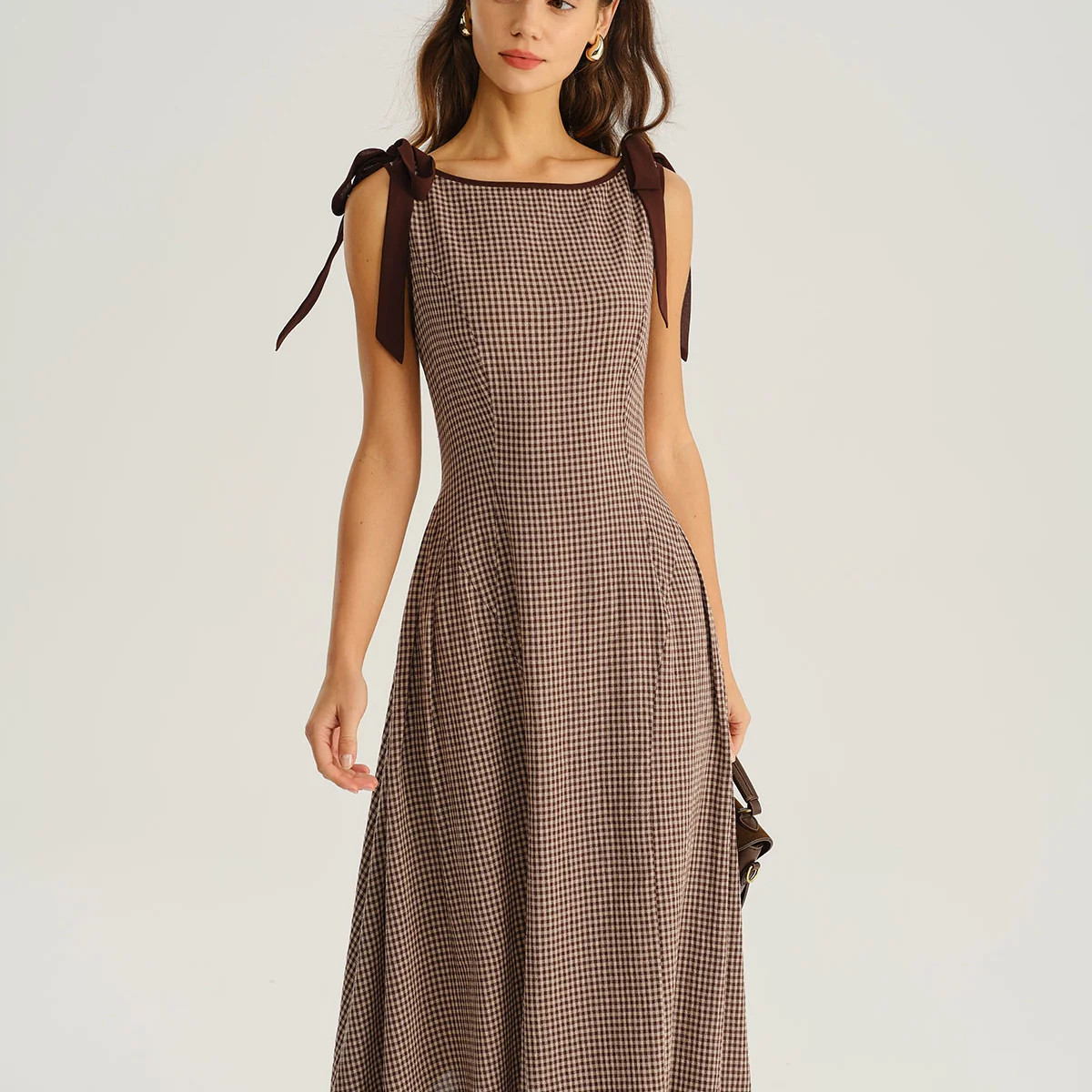 Brown Plaid Boat Neck A-Line Midi Dress & Reviews - Brown - Dresses | RIHOAS | rihoas.com