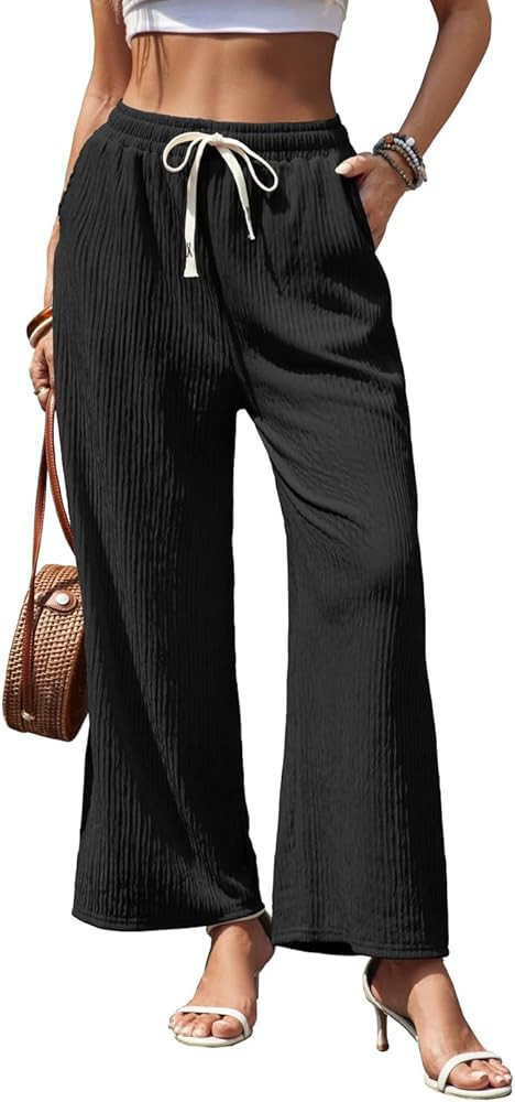 Wide Leg Elastic Waisted Pants Palazzo Trousers Pleated Pants | Amazon (US)