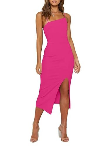 OWIN Cocktail Dresses for Women 2025 Spaghetti Straps Sleeveless High Waist Split Midi Bodycon Cocktail Party Dress Hot Pink X-Small | Amazon (US)