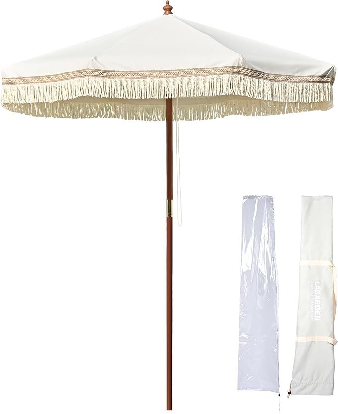 LAGarden Palm Springs Jazz Age Boho Fringe Patio Umbrella with Carry Bag & Cover Vintage Wood for... | Amazon (US)