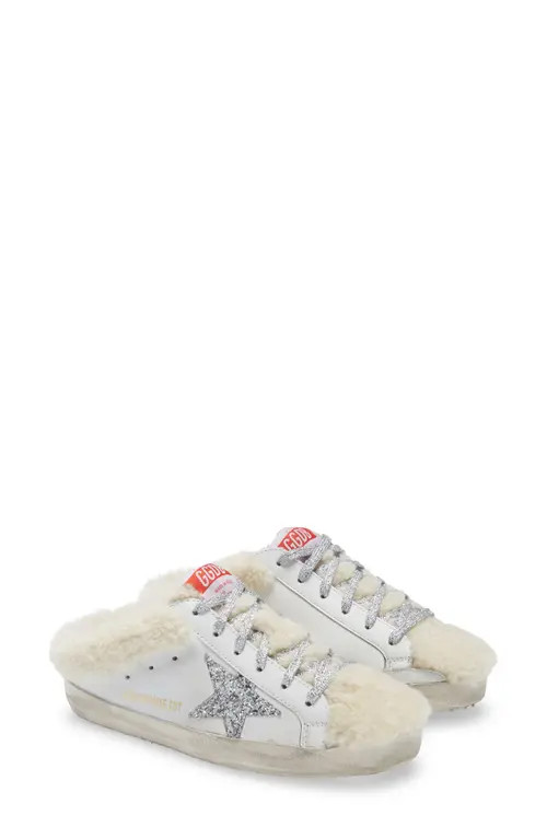 Golden Goose Super-Star Sabot Genuine Shearling Sneaker in White/Beige/Silver at Nordstrom, Size 5Us | Nordstrom